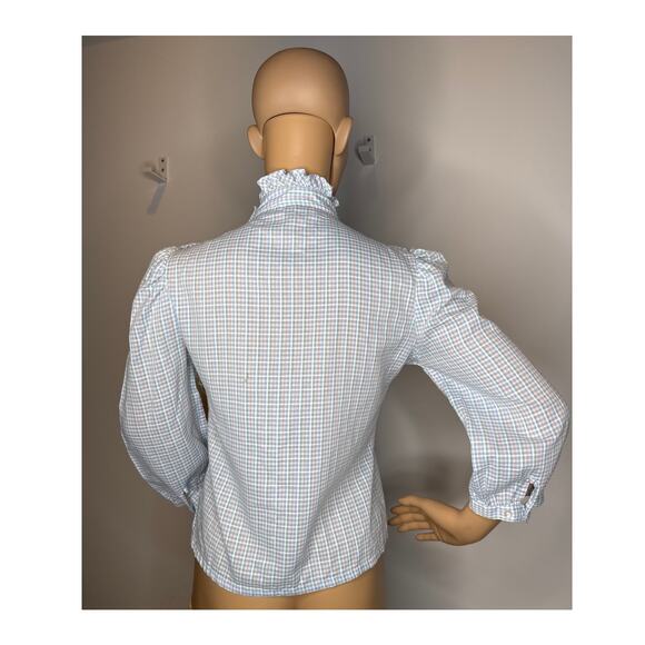 Vintage 1980s Stuart Lang Ruffle blue white Plaid High Neck Prairie Blouse small - Picture 9 of 16
